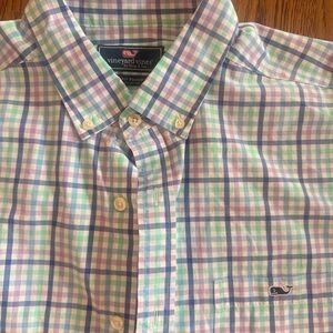 Vineyard Vines Men's Blue and Lavender Plaid Shirt XL